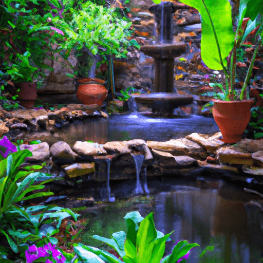 An image showcasing a tranquil backyard oasis with a stunning fountain as the focal point