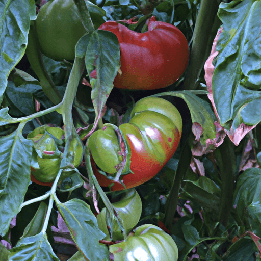 An image showcasing a healthy tomato plant with strategically pruned suckers, revealing strong stems, abundant foliage, and plump, vibrant fruits