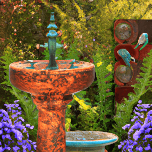 An image showcasing a lush garden scene with various bird bath fountains