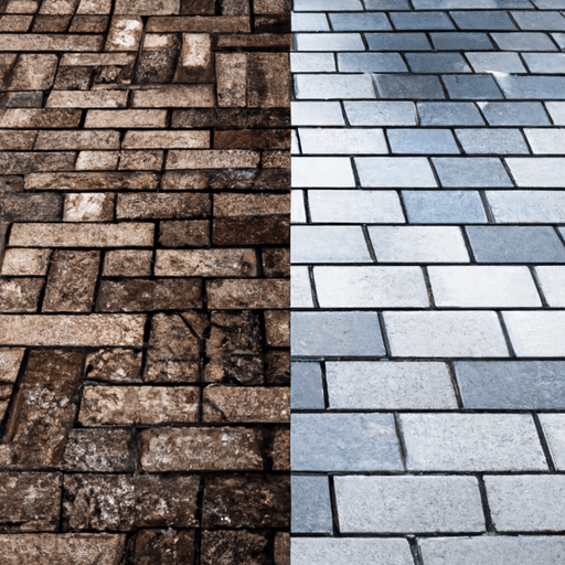 A captivating image showcasing a split-screen view of a luxurious, intricately patterned brick driveway on one side and a sleek, modern concrete paver driveway on the other, highlighting their unique textures and colors