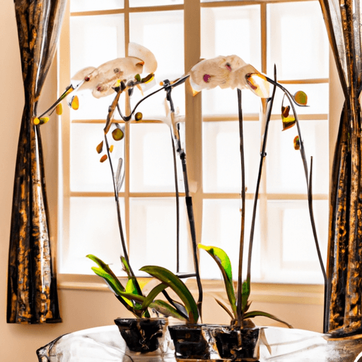 An image showcasing a sunlit room with a large south-facing window, where vibrant Cymbidium Orchids thrive in well-draining bark-filled pots