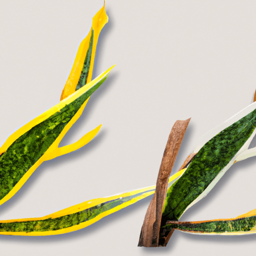 An image displaying a yellow snake plant leaf with brown spots, surrounded by a drooping, wilted stem