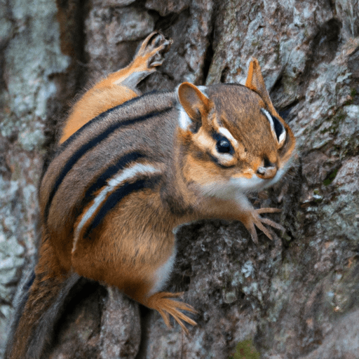 An image capturing a close-up of a chipmunk's distinct facial markings and expressive eyes, as it scurries along a tree trunk, showcasing its agile behavior