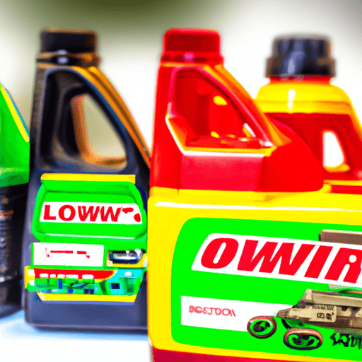 An image showcasing various brands of lawn mower oil in differently sized containers, with a diverse range of oil colors and viscosities