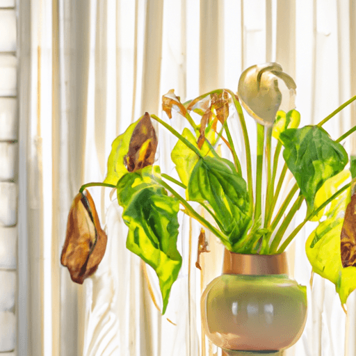 An image showing a vibrant Peace Lily with drooping leaves, positioned near a sunny window