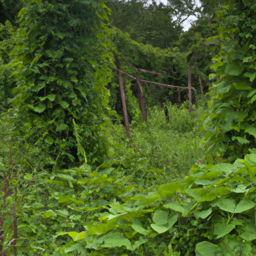 An image capturing the relentless grip of kudzu vines as they smother and suffocate native vegetation, showcasing the struggle to restore balance and the determination to eradicate this invasive menace from our natural landscapes