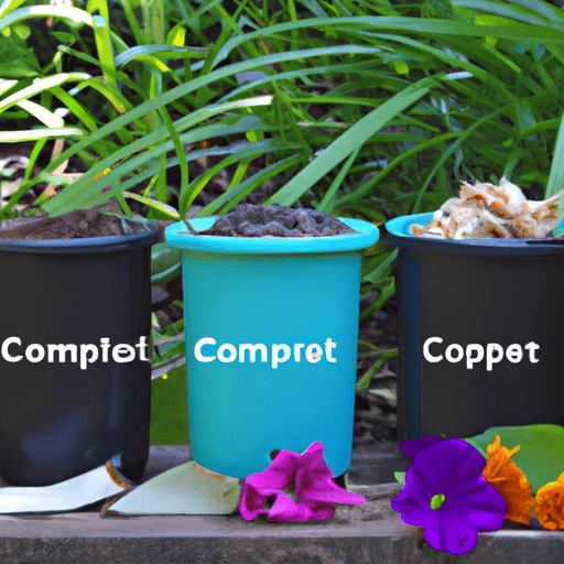 An image showcasing a diverse range of composting materials, neatly organized in labeled containers, surrounded by vibrant green plants, highlighting the convenience and eco-friendliness of composting services