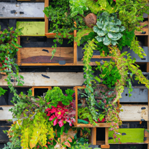 An image showcasing a vibrant vertical garden that ingeniously incorporates repurposed wooden crates, cascading ferns, and colorful succulents, transforming a bare wall into a living work of art