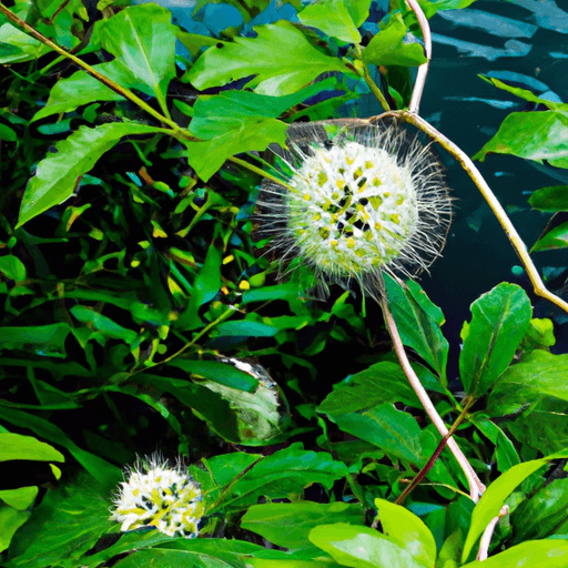 An image showcasing a vibrant buttonbush plant thriving in a well-maintained garden