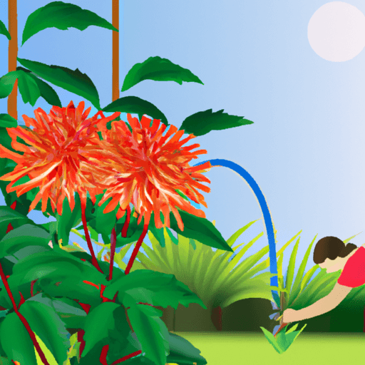 An image showcasing a sunny garden scene with a vibrant Dahlia plant in full bloom