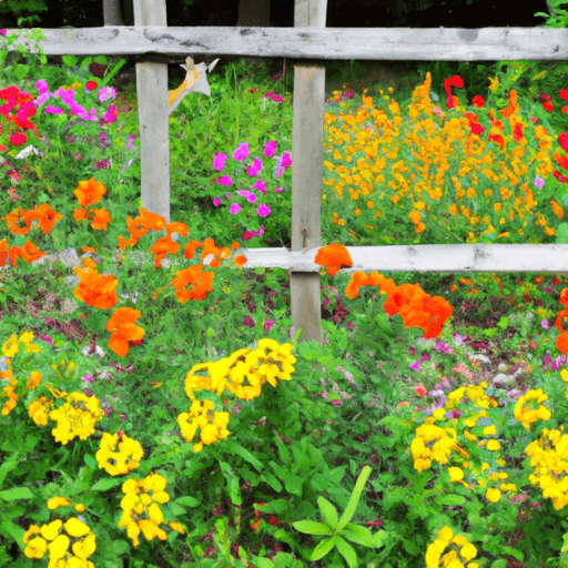 An image showcasing a vibrant garden filled with marigolds, snapdragons, and impatiens