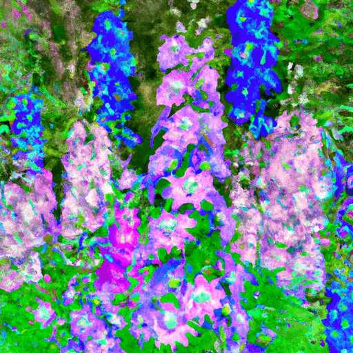 An image featuring a vibrant garden with an array of tall and slender delphinium flowers in various shades of blue, pink, and purple