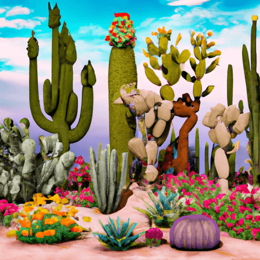 An image showcasing a vibrant desert garden bursting with a variety of cacti