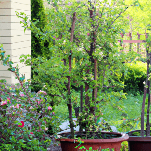An image of a vibrant, compact dwarf tree garden showcasing a variety of fragrant blossoms, luscious fruits, and colorful foliage
