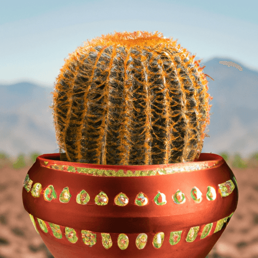 An image showcasing a vibrant Echinocereus cactus, its succulent stem adorned with golden spines, nestled in a terracotta pot filled with well-draining soil