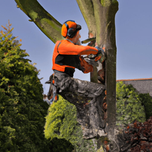 An image featuring a skilled arborist wearing protective gear, skillfully using a chainsaw to carefully remove a towering tree from a lush garden