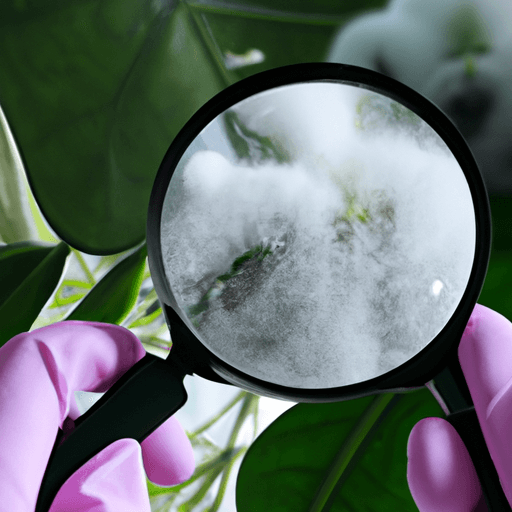 An image that portrays a pair of gloved hands delicately brushing off white, cottony mealybugs from a lush green houseplant leaf, while a magnifying glass reveals their intricate, segmented bodies