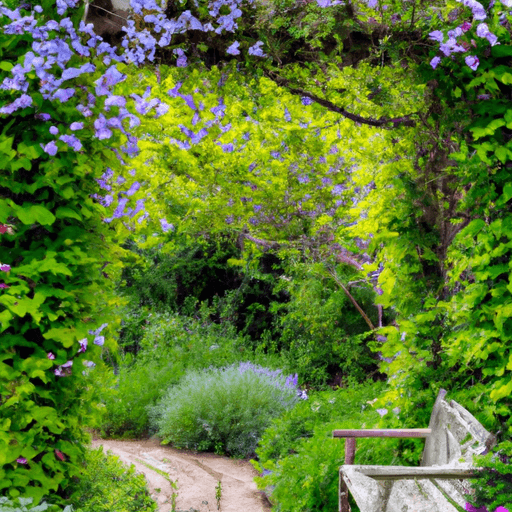 An image showcasing a winding cobblestone pathway in a lush green yard, bordered by vibrant flowers and tall, swaying grasses