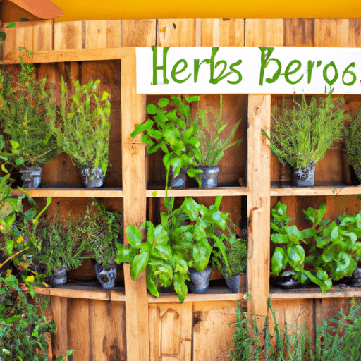 An image showcasing a small, vertical herb garden with an assortment of vibrant, flourishing herbs like basil, rosemary, and thyme