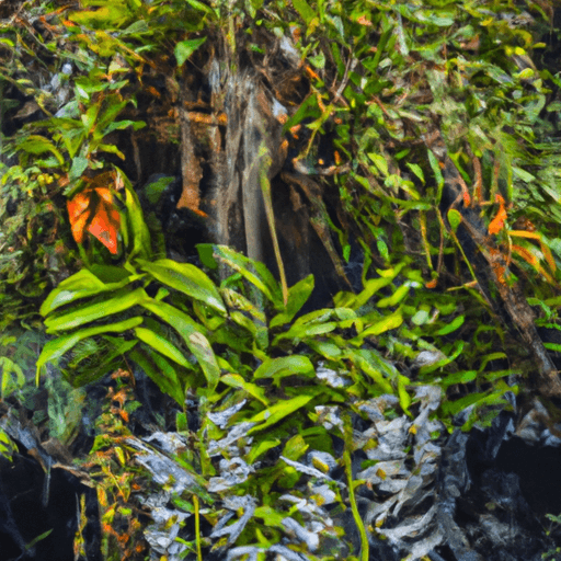 An image showcasing a dense, lush rainforest canopy adorned with vibrant epiphytes