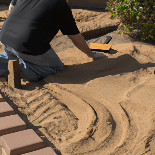 An image showcasing a skilled landscaper meticulously leveling sand and arranging pavers for a patio installation