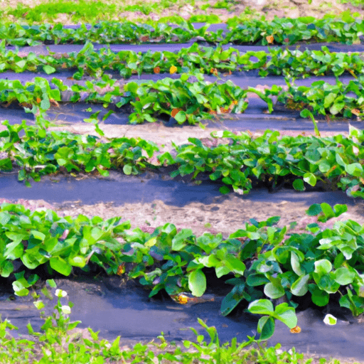 An image showcasing a strawberry field with lush, vibrant plants