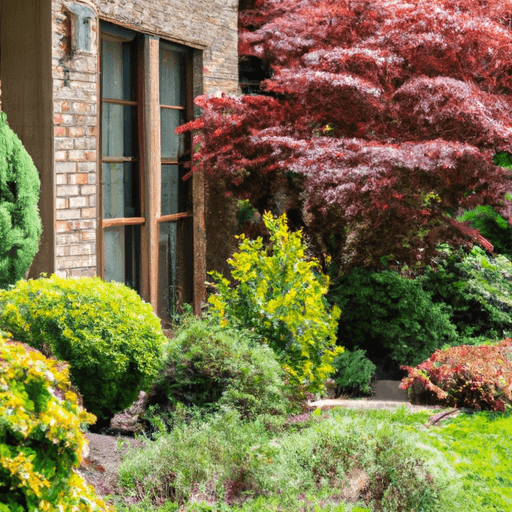 An image that showcases a lush front yard adorned with an array of evergreen shrubs, each meticulously trimmed and vibrant in color