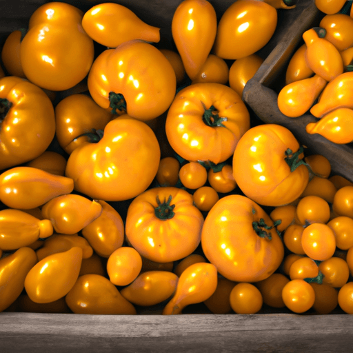 An image showcasing a vibrant array of yellow tomatoes in various shapes and sizes, nestled in a rustic wooden crate