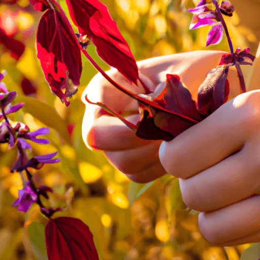 An image showcasing a pair of hands delicately pruning vibrant, burgundy Autumn Sage flowers against a backdrop of sun-kissed, golden foliage