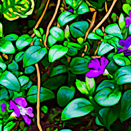 An image showcasing a lush garden with vibrant clusters of Bigleaf Periwinkle, its glossy green leaves cascading over the soil, while delicate purple flowers bloom among them