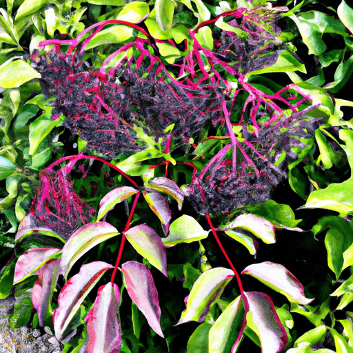 An image showcasing a thriving Black Lace Elderberry plant in a well-maintained garden bed