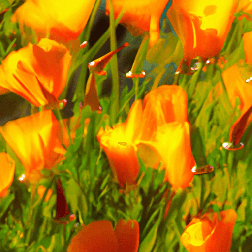 An image showcasing a vibrant California poppy garden bathed in golden sunlight