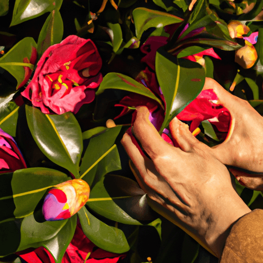 An image showcasing a pair of hands delicately pruning vibrant, glossy-leaved camellia bushes in a sun-kissed garden