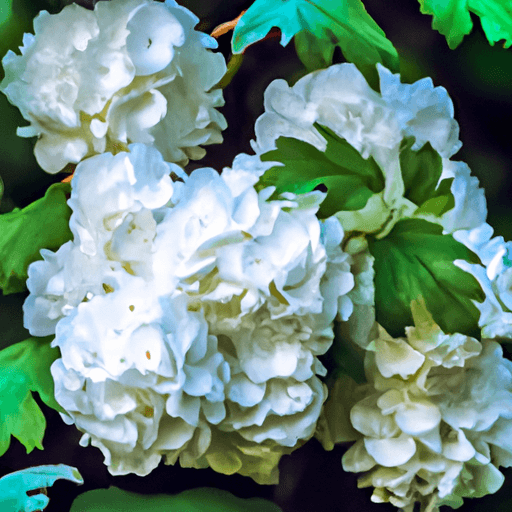 An image capturing the elegance of a Chinese Snowball Viburnum, showcasing its lush, round blooms in creamy white and vivid green foliage