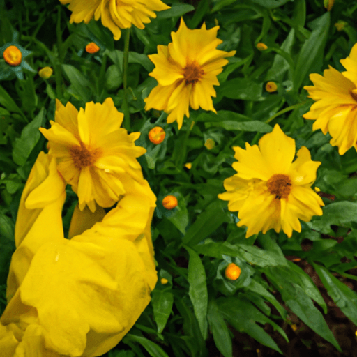 An image showcasing vibrant yellow Coreopsis flowers in full bloom, surrounded by lush green foliage