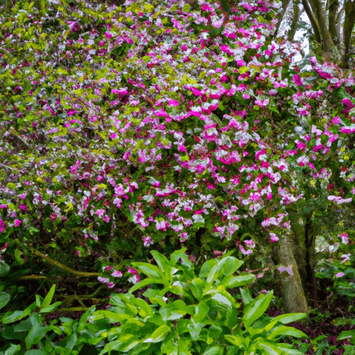 An image showcasing a lush, thriving Daphne shrub in full bloom, surrounded by a meticulously maintained garden