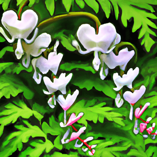 An image showcasing a pair of delicate, heart-shaped Dutchman's Breeches flowers dangling gracefully from slender stems, surrounded by lush, fern-like foliage