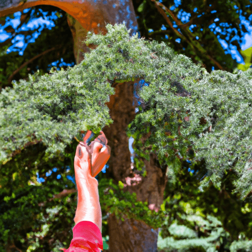 An image showcasing a pair of skilled hands gently pruning the branches of a majestic Eastern Red Cedar tree, with vibrant green foliage, against a backdrop of a serene garden