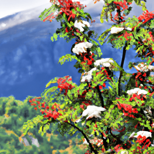 An image capturing the vibrant beauty of a European Mountain Ash tree, showcasing its delicate white flowers, clusters of bright red berries, and unique feathery foliage against a backdrop of majestic mountains