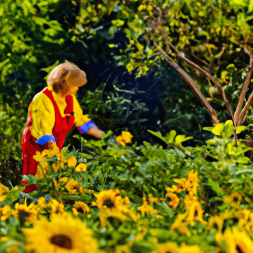 An image featuring a lush garden bed filled with vibrant false sunflowers, their golden petals aglow in the warm sunlight, while diligent gardeners gently prune, water, and nurture the sturdy stems with love and care