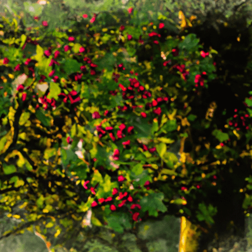 An image of a hawthorn tree bathed in soft morning sunlight, showcasing its gnarled branches adorned with clusters of vibrant red berries, its leaves shimmering in shades of green, and delicate white blossoms peeking through