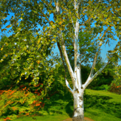 An image showcasing a majestic Himalayan Birch tree, its slender white trunk gracefully soaring towards the sky, surrounded by vibrant green foliage