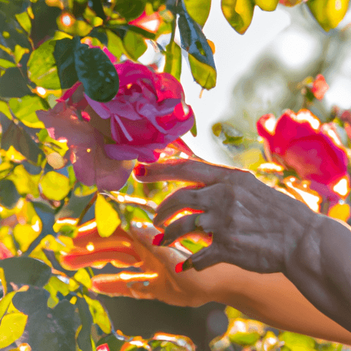 An image showcasing a pair of hands delicately pruning a vibrant, fully bloomed hybrid tea rose bush