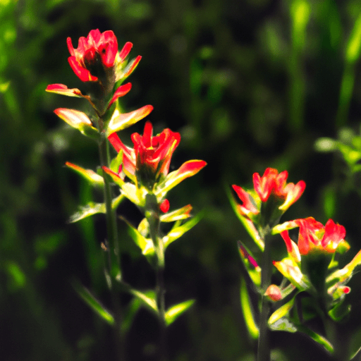 An image showcasing the vibrant, scarlet Indian Paintbrush flowers gracefully emerging from the lush green foliage, with rays of golden sunlight illuminating the delicate petals, capturing the essence of successful cultivation and nurturing