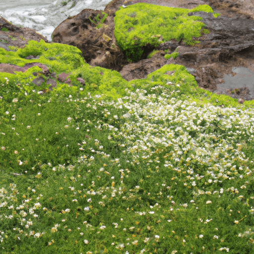 An image showcasing a lush, vibrant bed of Irish Moss thriving in a coastal setting