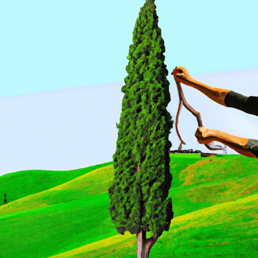 An image showcasing a picturesque Italian Cypress tree, standing tall and slender against a backdrop of rolling hills