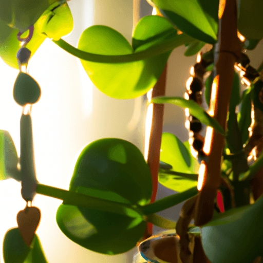 An image showcasing a lush, vibrant Jade Pothos plant cascading down from a hanging planter, with sunlight streaming through a nearby window, highlighting its glossy, heart-shaped leaves and delicate tendrils