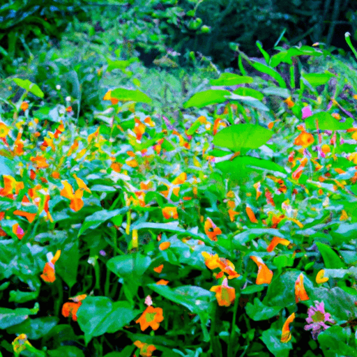 An image showcasing a lush, vibrant garden filled with Jewelweed plants standing tall, their delicate orange and yellow flowers glistening with dewdrops, offering both a soothing remedy for irritated skin and a stunning addition to any landscape