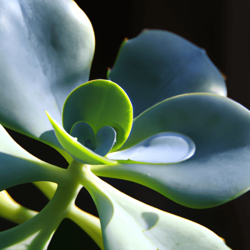 An image showcasing the striking blue-green paddle-shaped leaves of the Kalanchoe Thyrsiflora, bathed in soft sunlight, with droplets of water delicately clinging to the leaf margins, capturing the essence of nurturing and cultivating this unique succulent