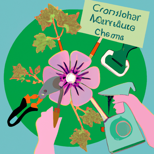 An image showcasing a gardener gently pruning a vibrant Lavatera plant, surrounded by a variety of gardening tools, nutrient-rich soil, and a watering can, illustrating the essential tips and solutions for successful Lavatera growth and care